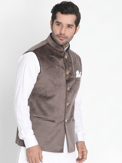 VASTRAMAY Men's Grey Velvet Ethnic Jacket