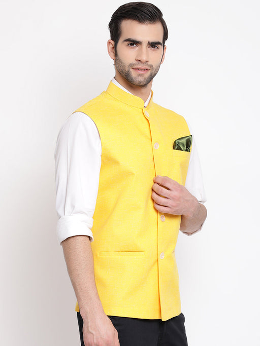 Men's Yellow Solid Classic Royal Cotton Blend Nehru Jacket