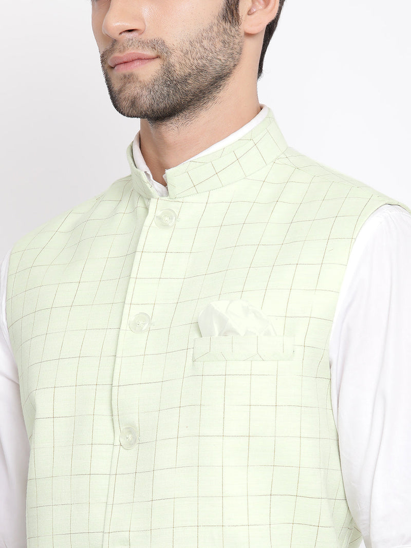 Men's Mint Green Checkered Classic Linen Nehru Jacket