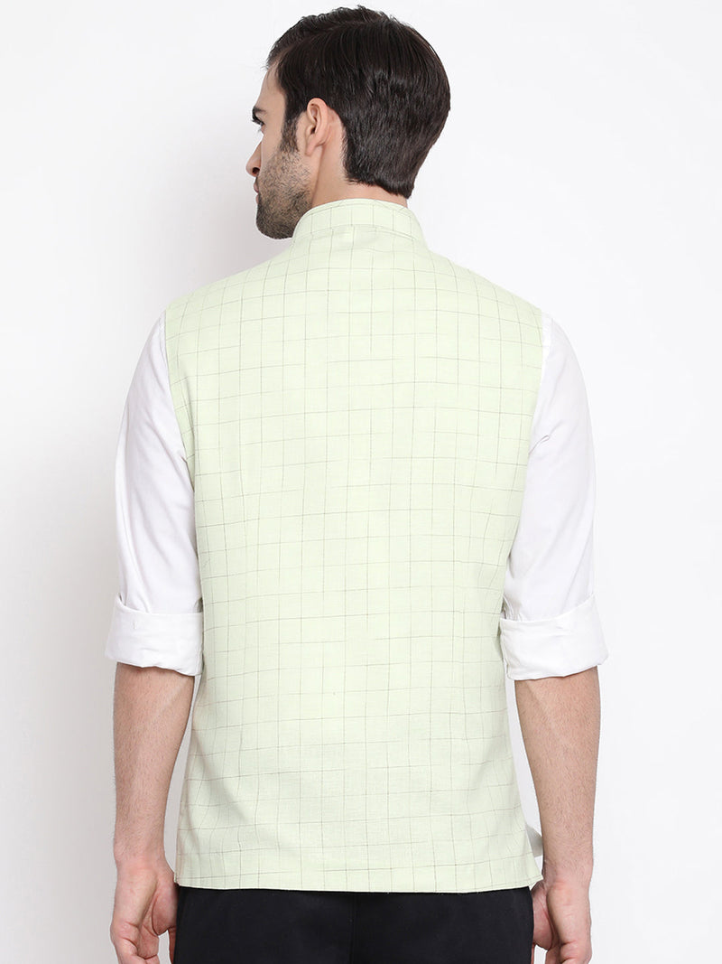 Men's Mint Green Checkered Classic Linen Nehru Jacket