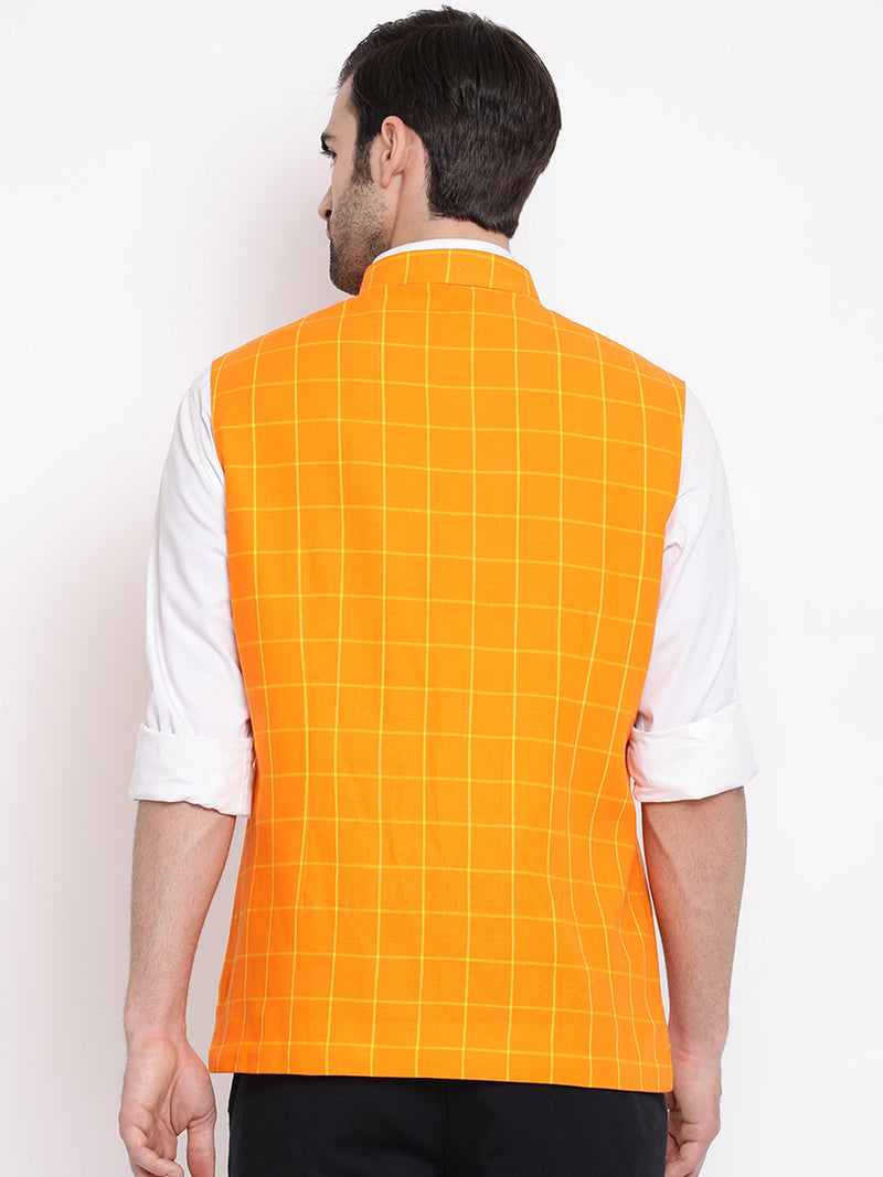 Men's Orange Checkered Pattern Classic Nehru Jacket