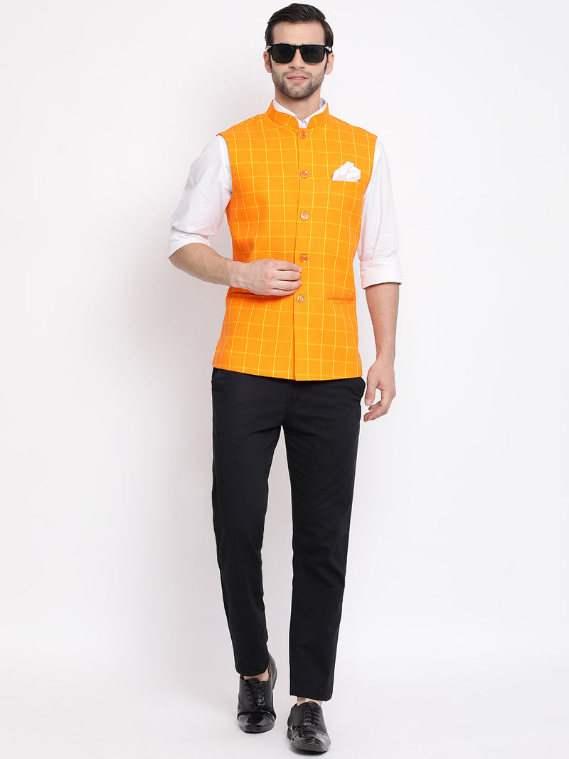 Men's Orange Checkered Pattern Classic Nehru Jacket