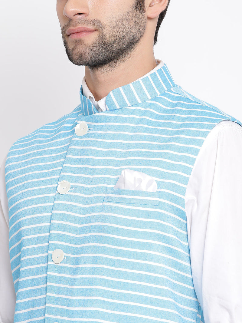 Men's Blue Stripes And Angrakha Pattern Classic Nehru Jacket