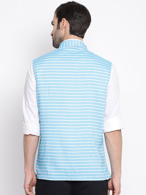Men's Blue Stripes And Angrakha Pattern Classic Nehru Jacket