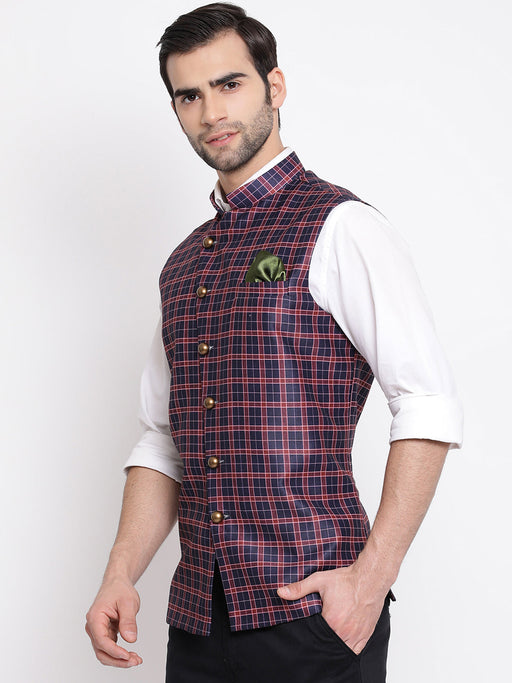 Men's Blue Checked And Angrakha Pattern Classic Nehru Jacket