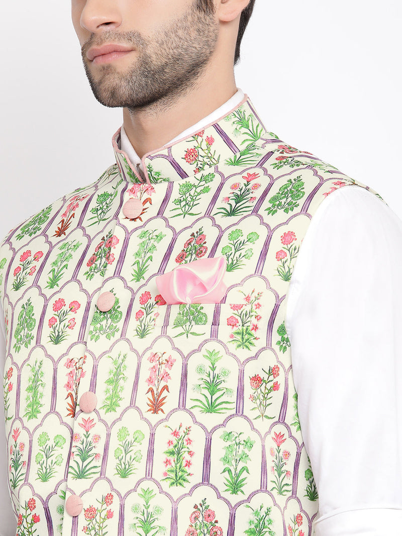 Men's Cream Digital Floral Printed Royal Nehru Jacket