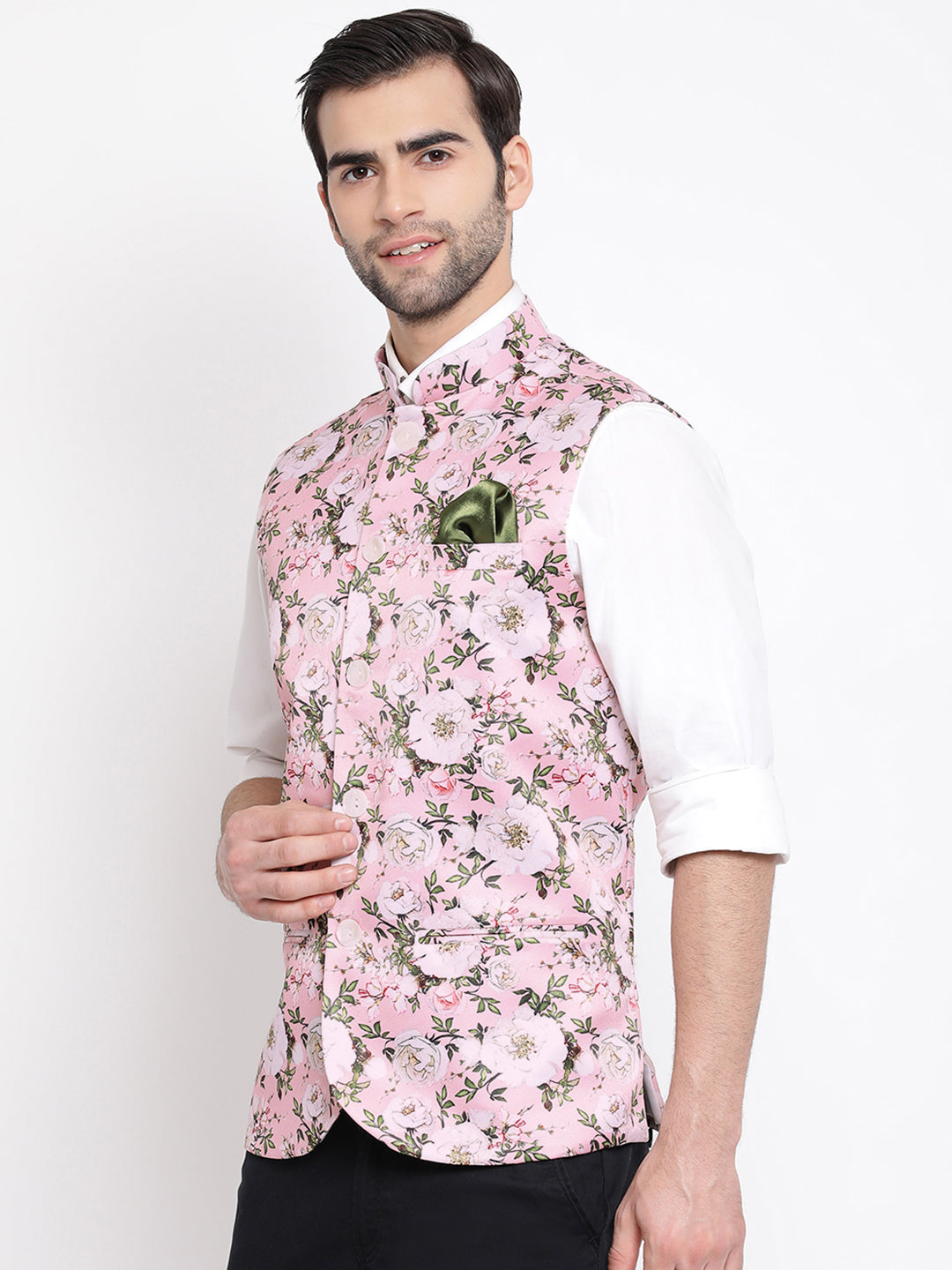 Men's Pink Digital Floral Printed Royal Nehru Jacket