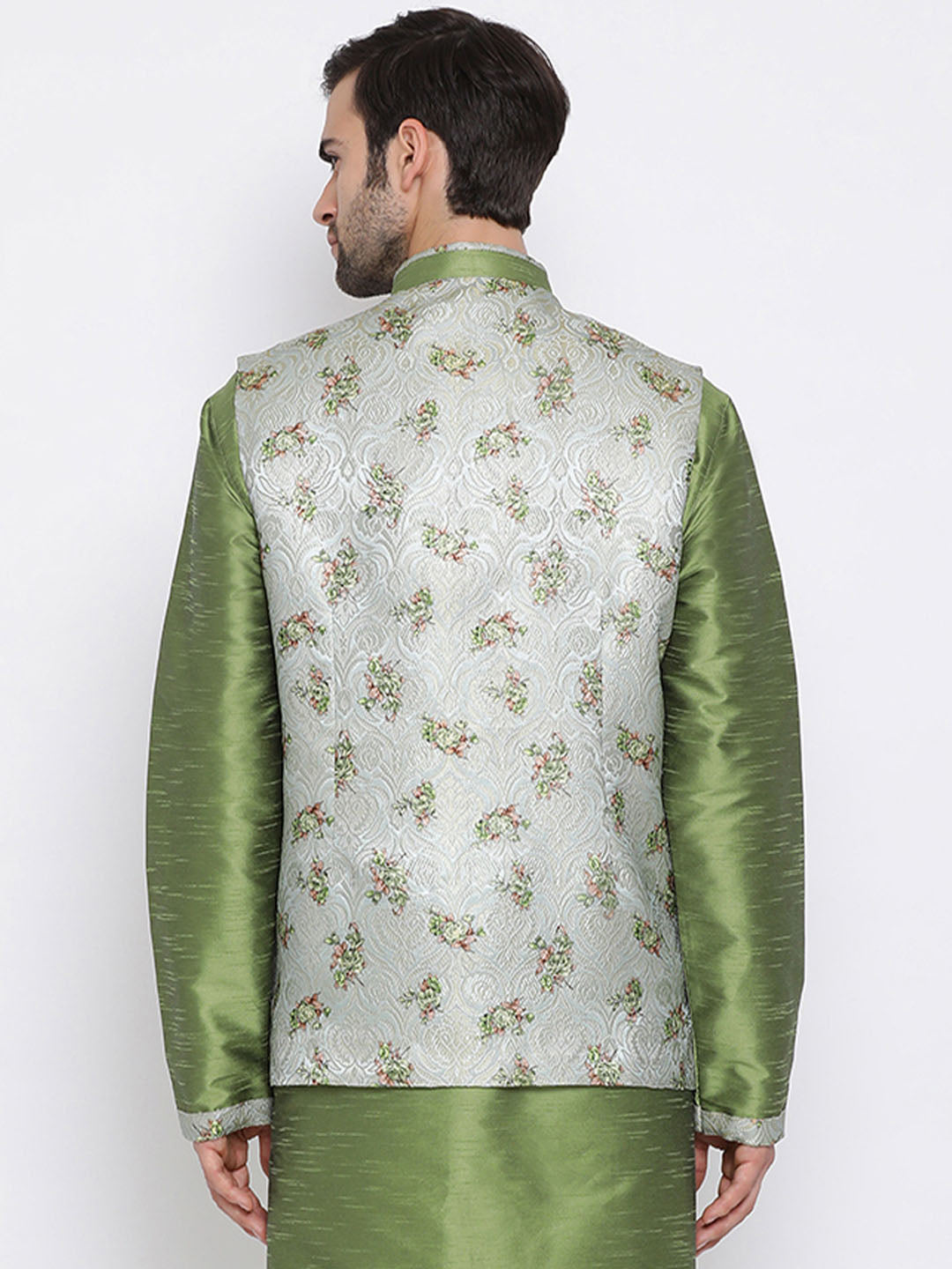 Men's Grey & Green Printed Woven Nehru Jacket
