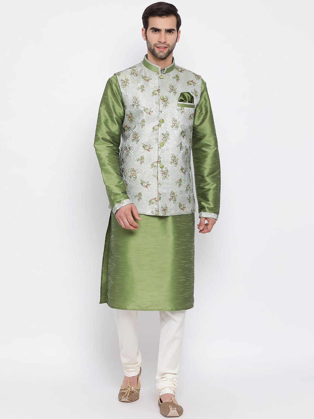 Men's Grey & Green Printed Woven Nehru Jacket