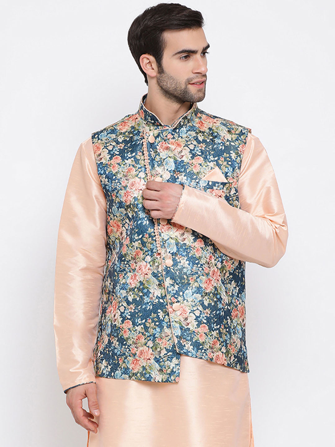 Men's Peach And Blue  Printed Woven Nehru Jacket