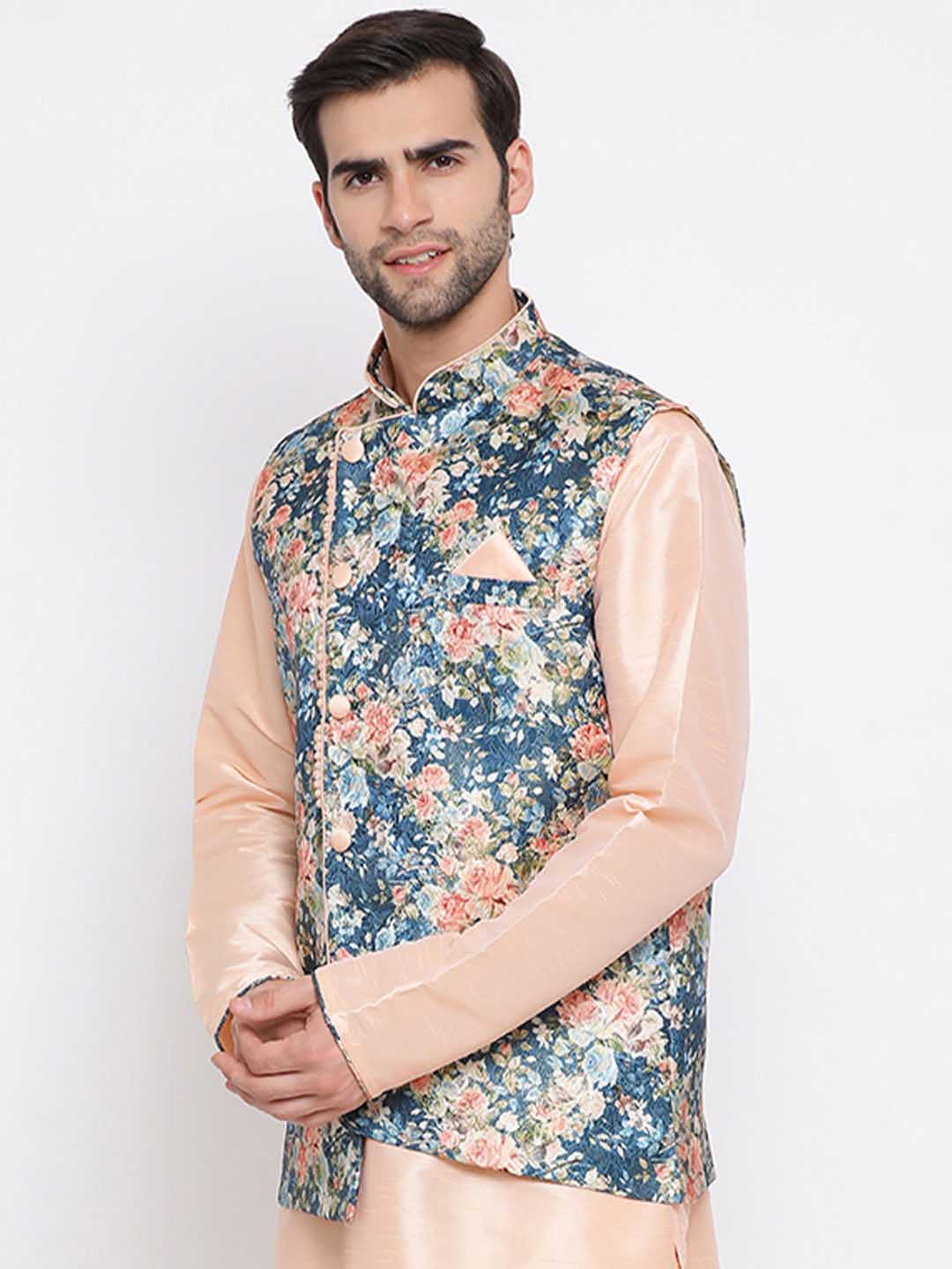 Men's Peach And Blue  Printed Woven Nehru Jacket