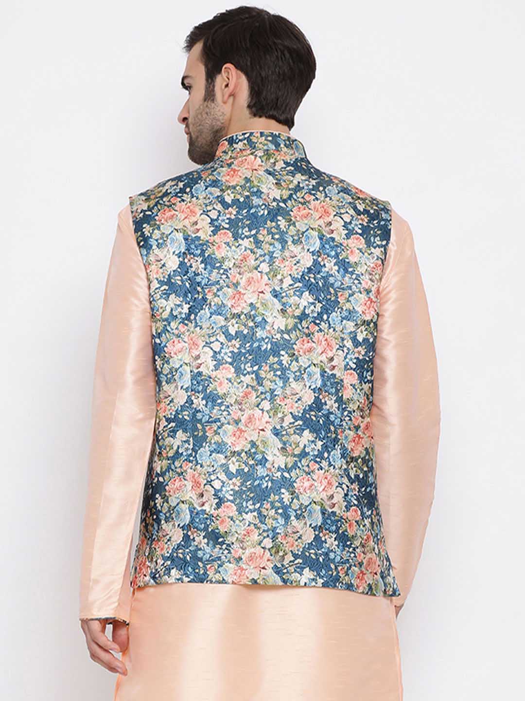 Men's Peach And Blue  Printed Woven Nehru Jacket