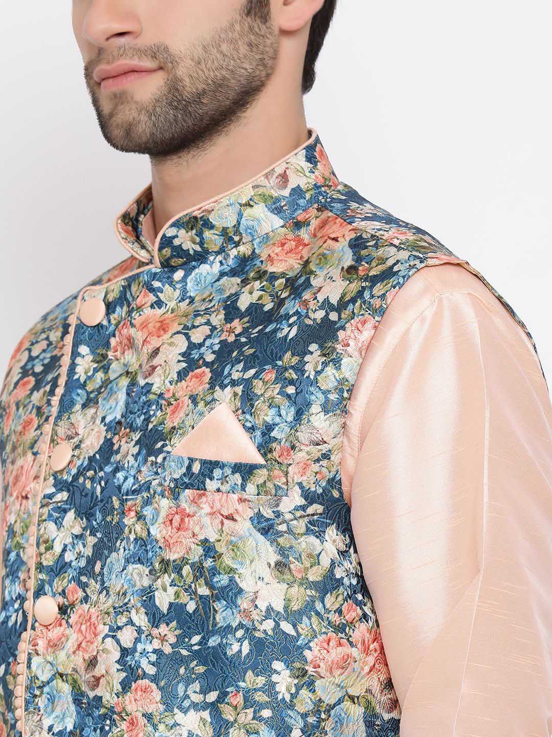 Men's Peach And Blue  Printed Woven Nehru Jacket