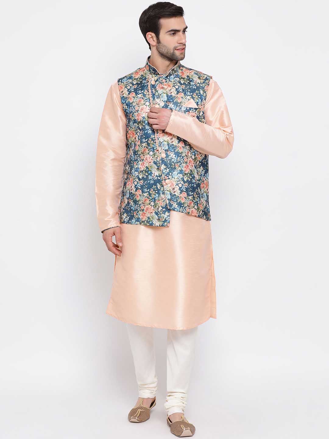 Men's Peach And Blue  Printed Woven Nehru Jacket