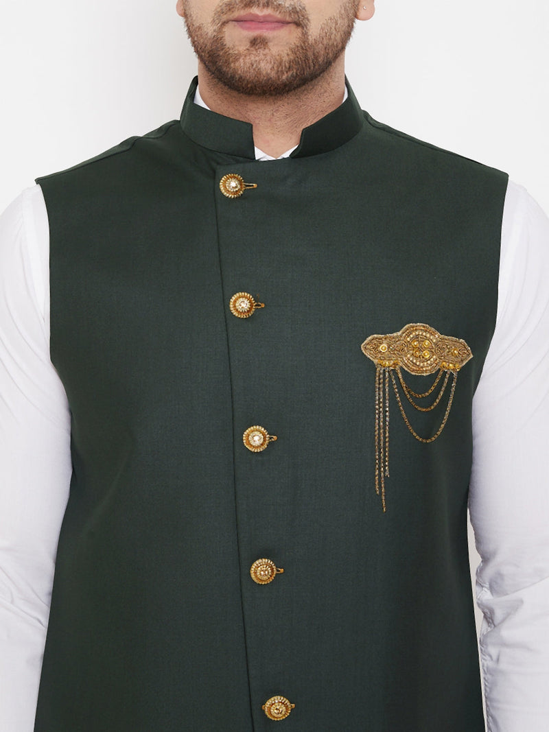 Bottle Green Solid Embellished Zardozi Nehru Jacket