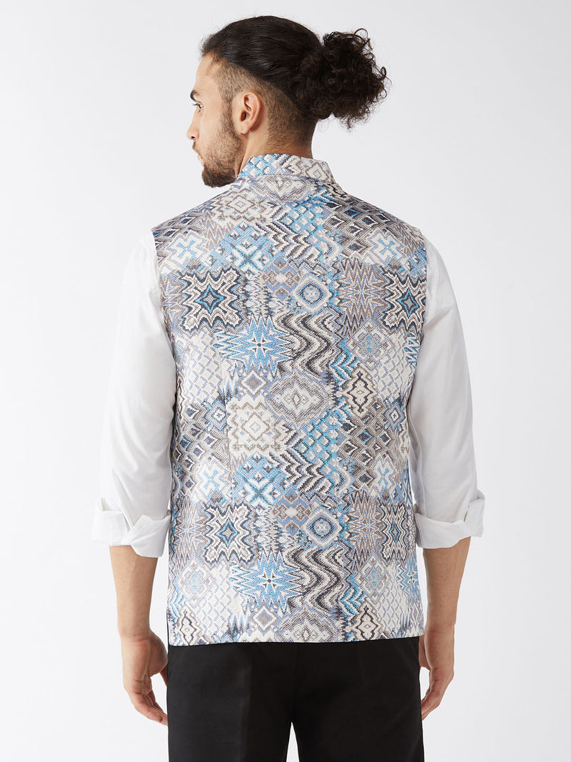 Men's White & Blue Printed Satin Slim-Fit Nehru Jacket
