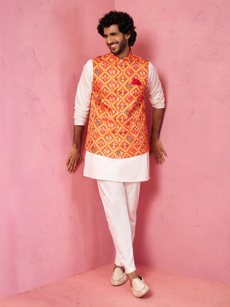 Men's Red Patola Print Nehru Jacket with Cream Kurta Pyjama