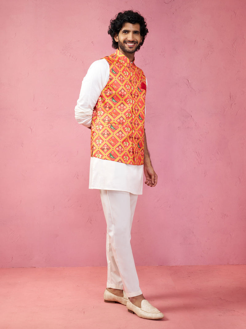 Men's Red Patola Print Nehru Jacket with Cream Kurta Pyjama