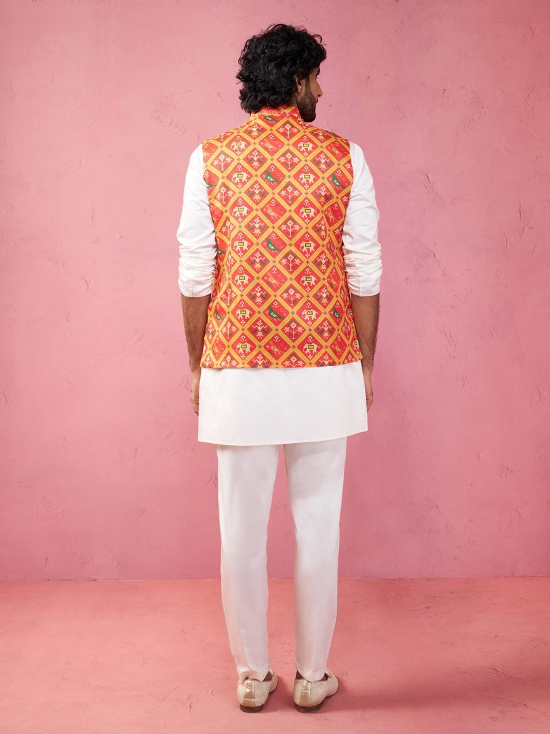 Men's Red Patola Print Nehru Jacket with Cream Kurta Pyjama