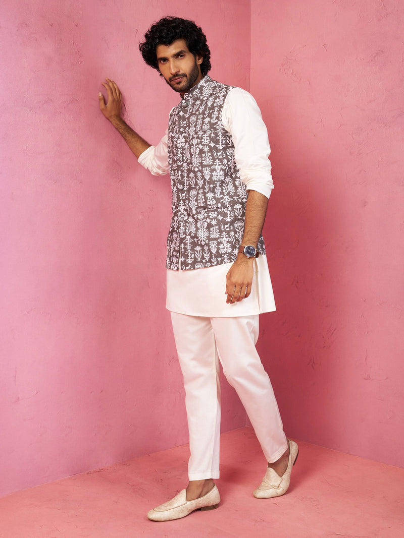 Men's Mehdi Green And White Printed Cotton Blend Nehru Jacket