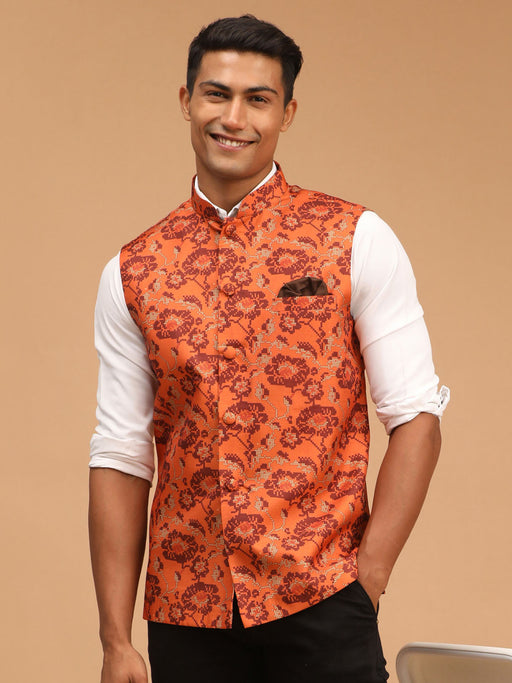 Men's Rust Printed Nehru Jacket