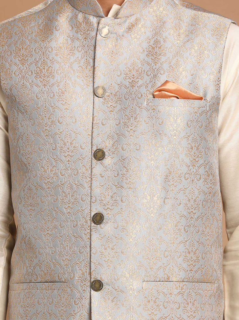 Men's Grey Silk Blend Woven Nehru Jacket