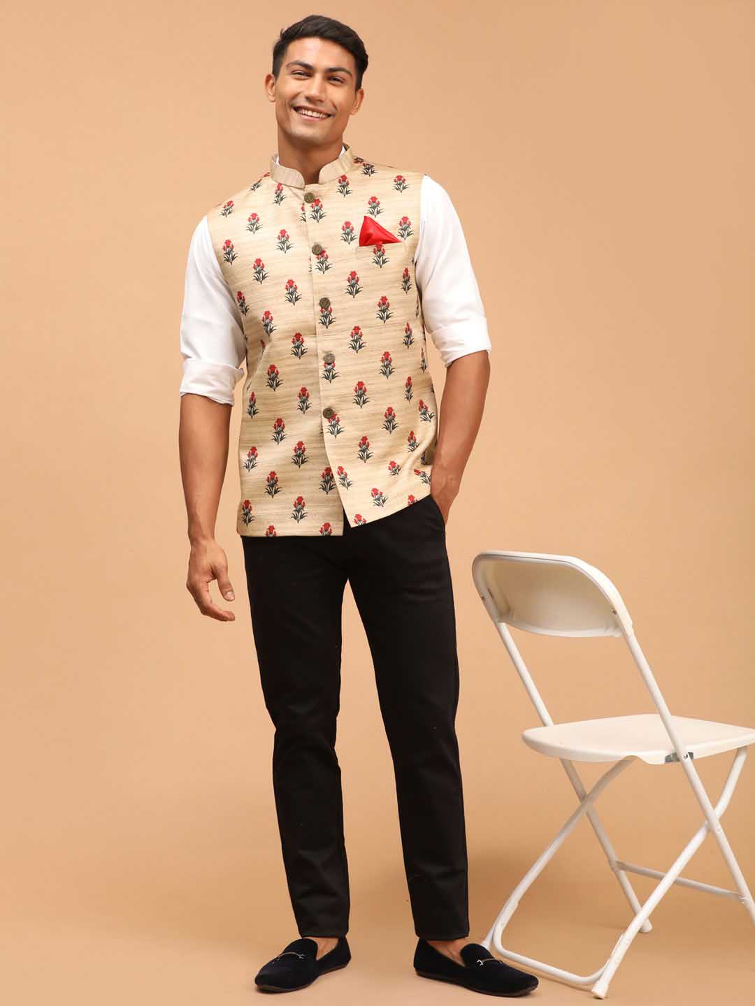 Men's Beige Rose Print Matka Silk Nehru Jacket
