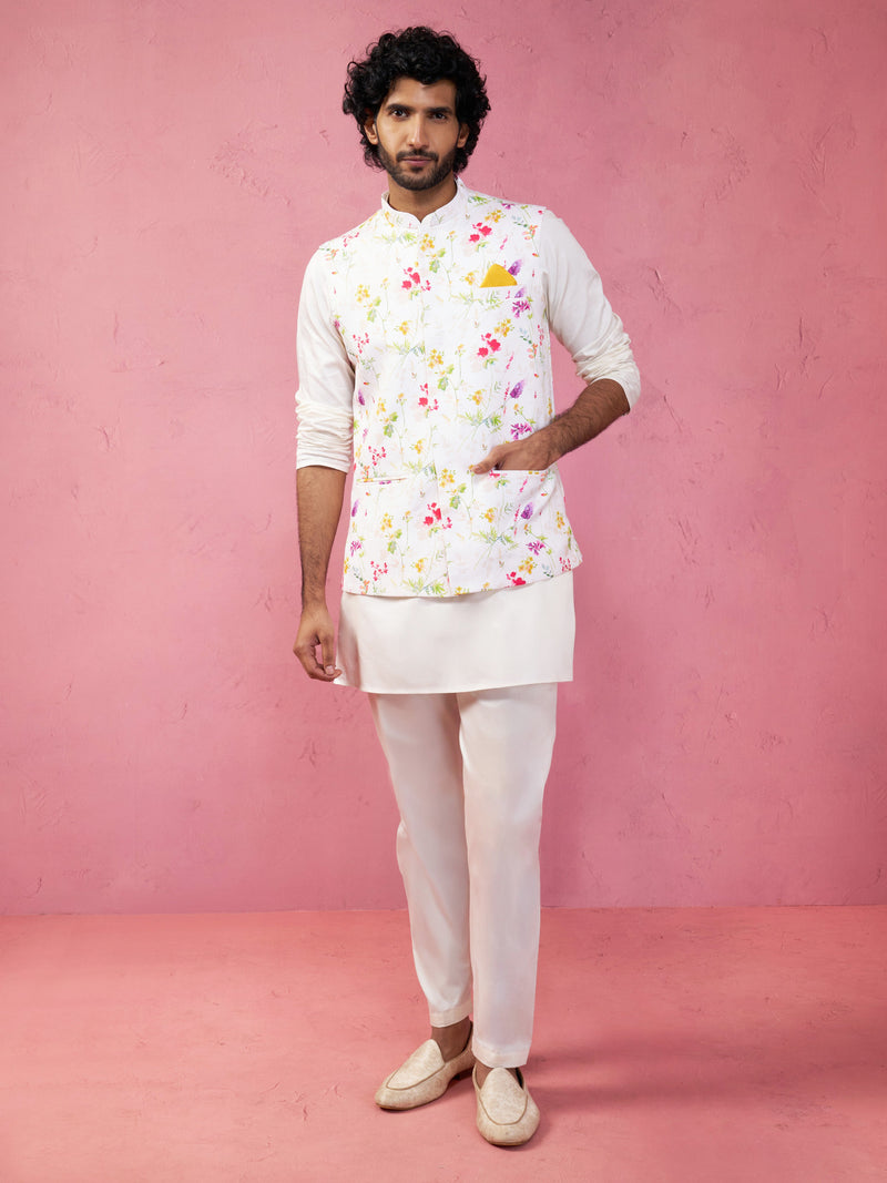 Men's Cream Silk Blend Nehru Jacket Kurta Pyjama Set