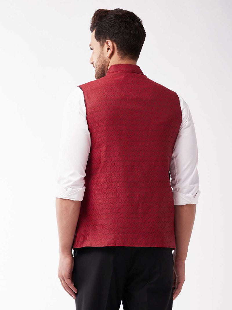 Men's Maroon Jacquard Nehru Jacket