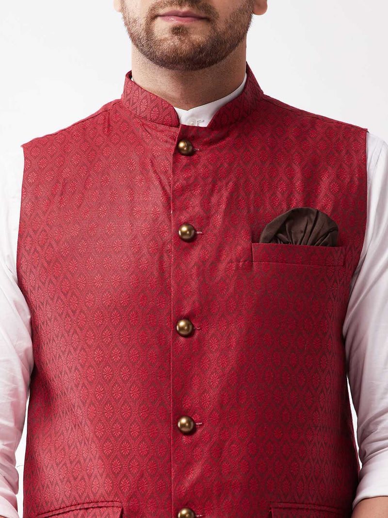 Men's Maroon Jacquard Nehru Jacket