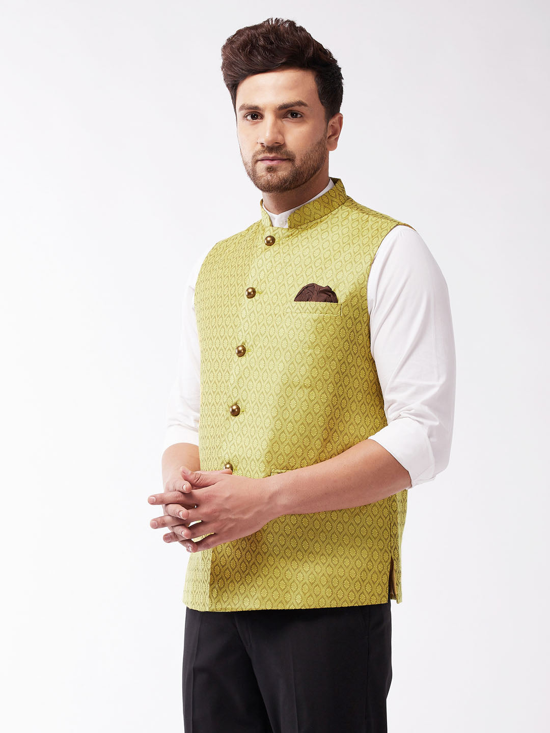 Men's Yellow Jacquard Nehru Jacket