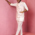 Men's Peach Silk Nehru Jacket with Cream Kurta Pyjama