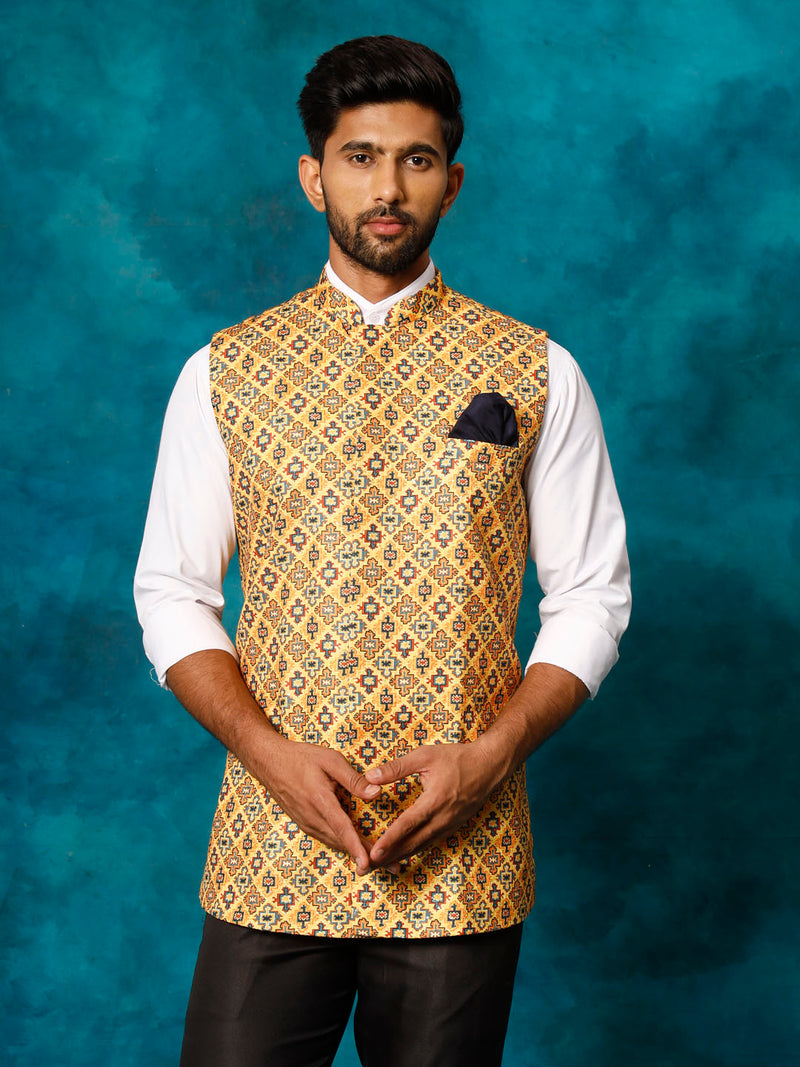 Yellow Geometric Print Embellished Nehru Jacket