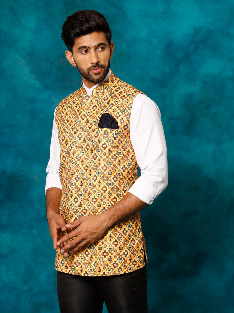 Yellow Geometric Print Embellished Nehru Jacket