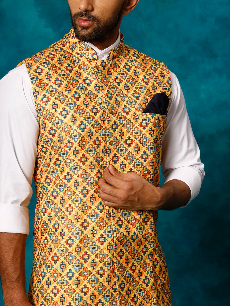 Yellow Geometric Print Embellished Nehru Jacket