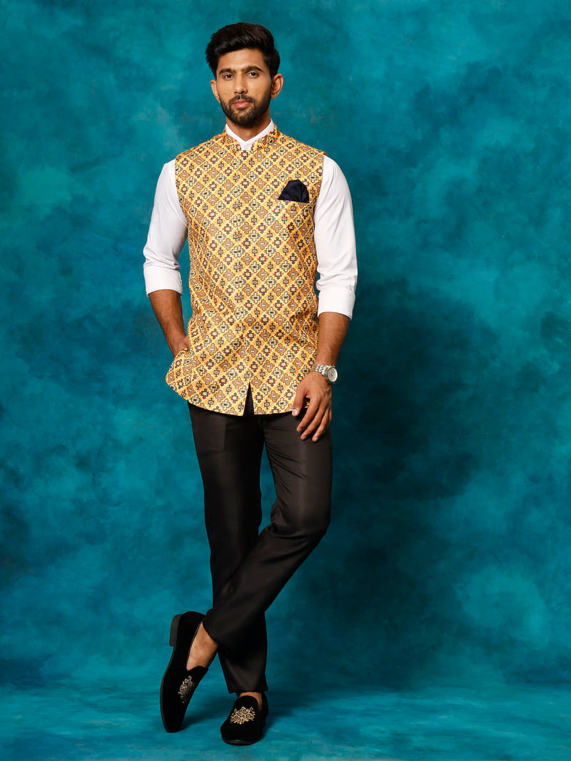 Yellow Geometric Print Embellished Nehru Jacket