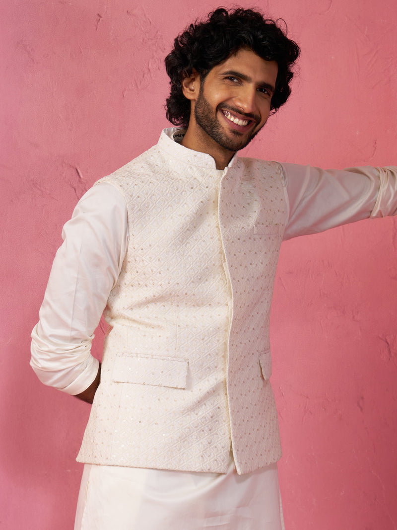 Men's Cream Kia Silk Embroidered Nehru Jacket