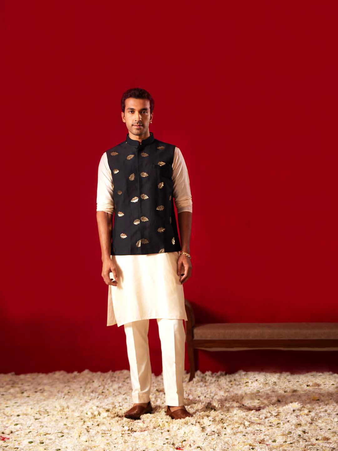 Men's Black Leaf Motif Embellished Jacket