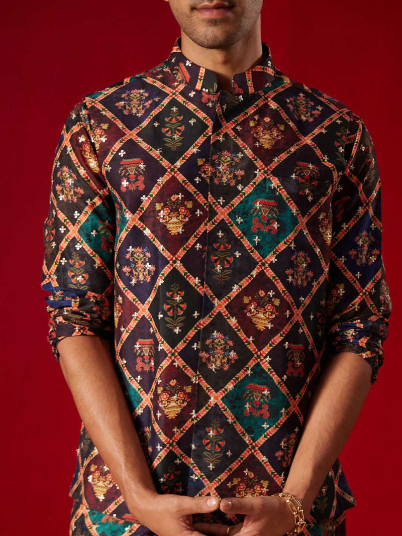 Purple Muslin Sequined Patola Print Nehru Jacket