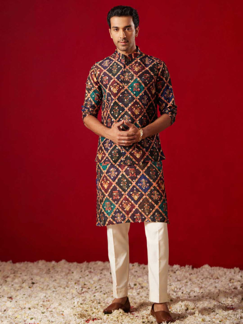 Purple Muslin Sequined Patola Print Nehru Jacket