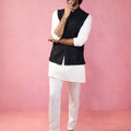 Men's Black Sequin Embroidered Nehru Jacket with Cream Kurta Pyjama