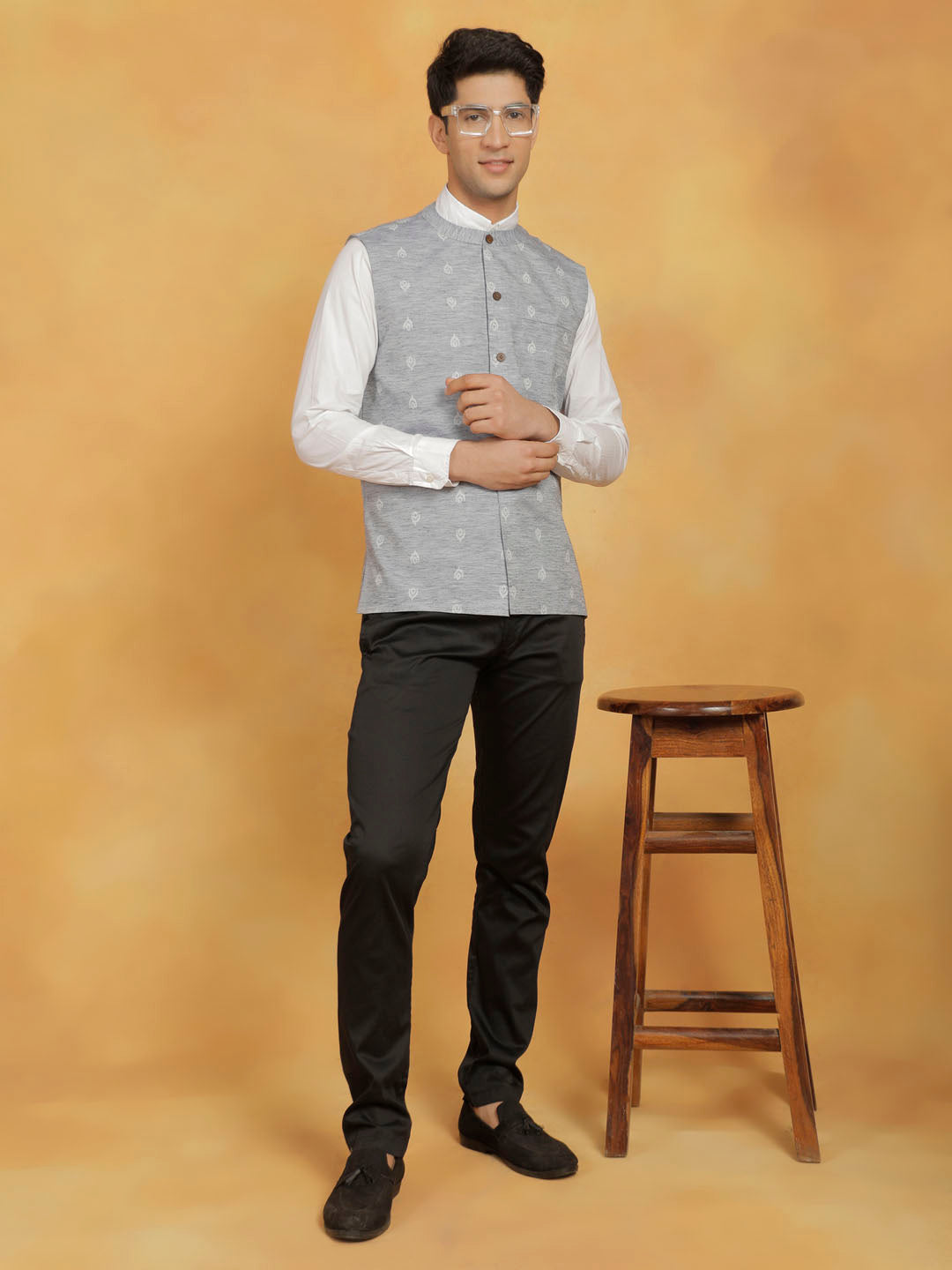 Men's Grey Cotton Nehru Jacket