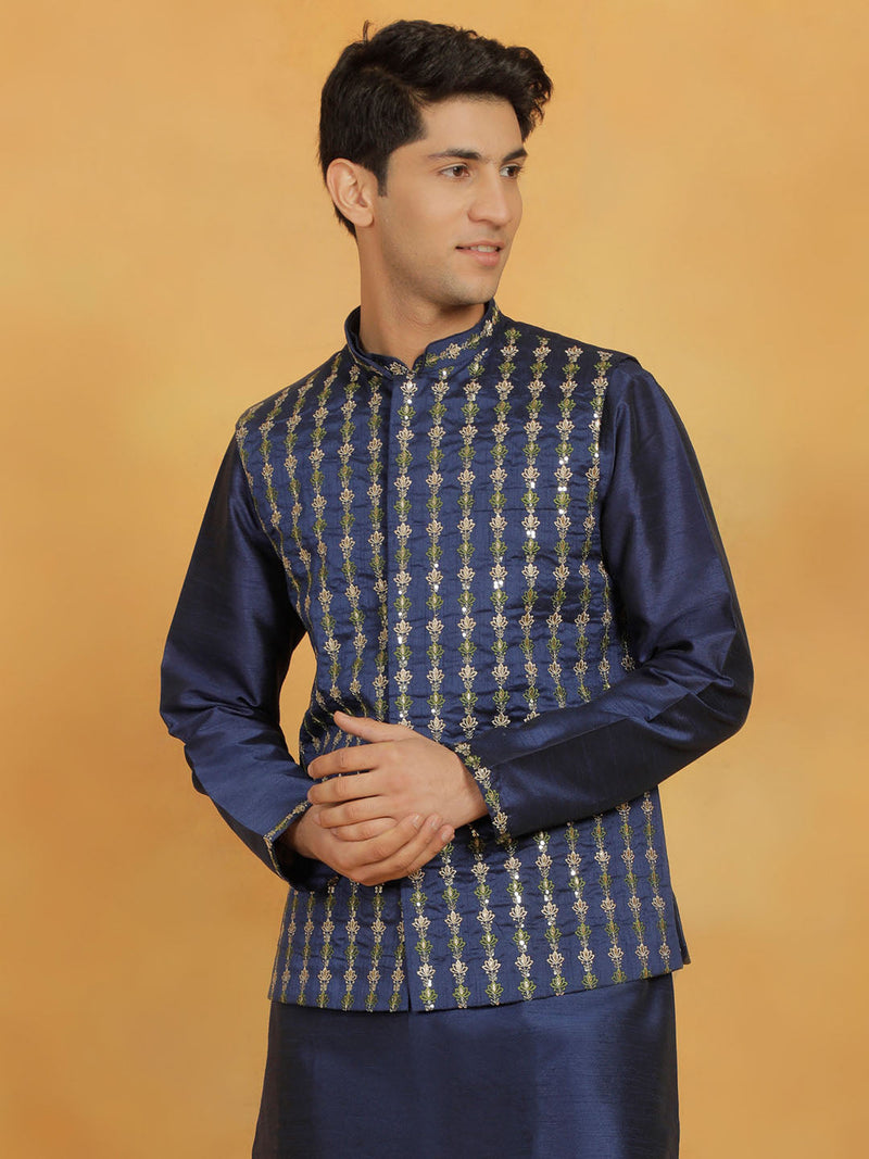 Men's Navy Blue Dupion Silk Nehru Jacket
