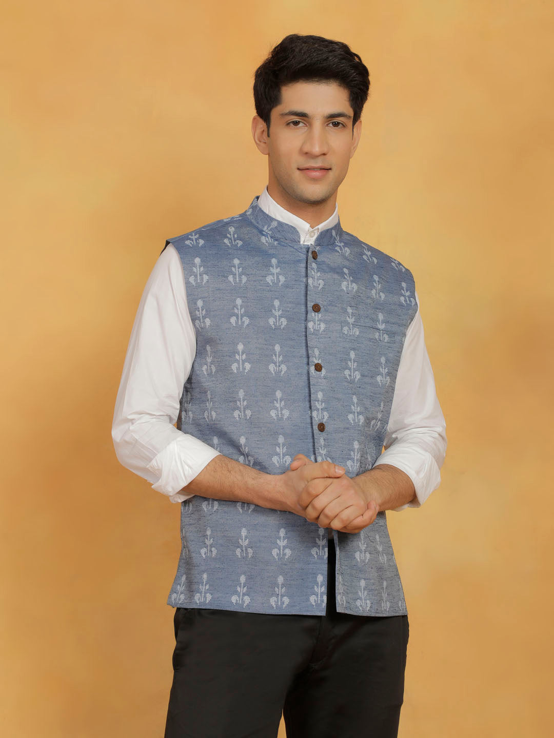 Men's Blue Cotton Nehru Jacket