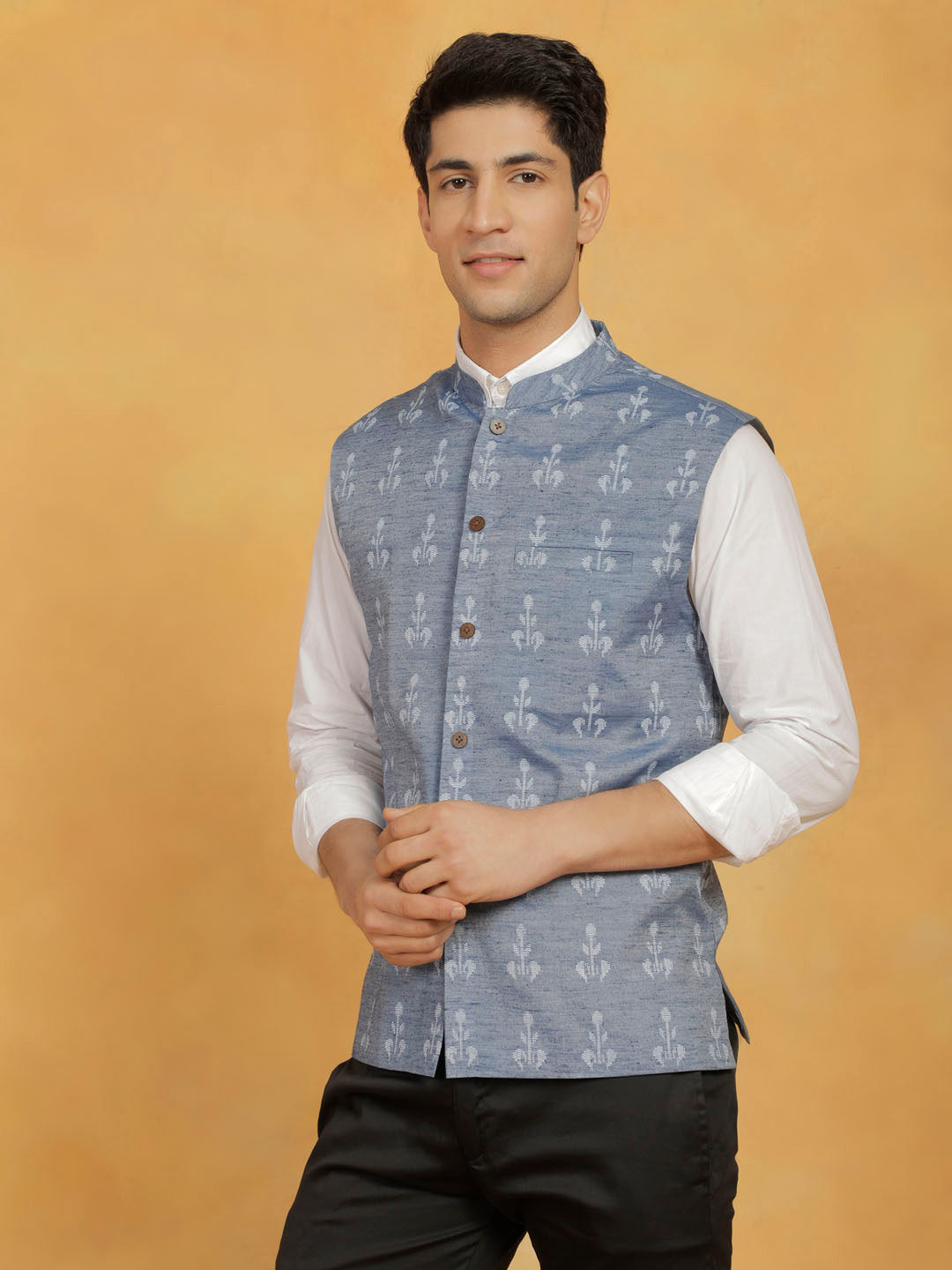 Men's Blue Cotton Nehru Jacket