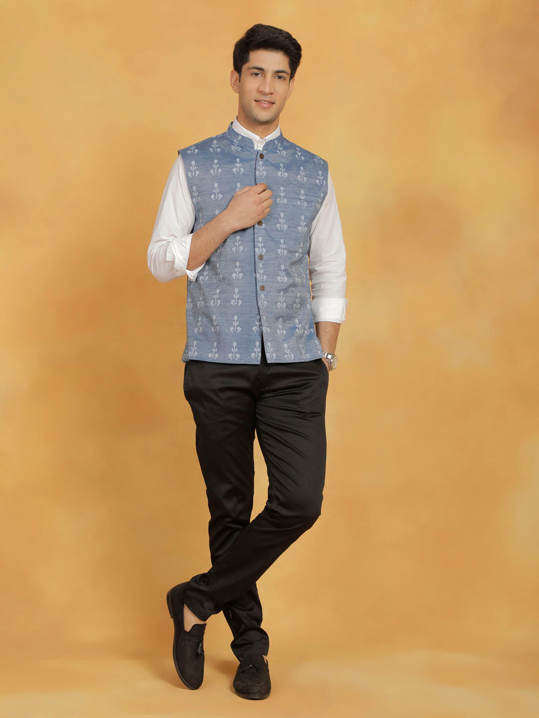 Men's Blue Cotton Nehru Jacket