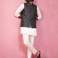 Men's Grey Jacquard Nehru Jacket with Cream Kurta Pyjama