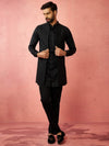 Men's Black Jacquard Nehru Jacket with Satin Kurta 3-Piece Wedding Set