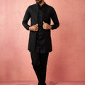 Men's Black Jacquard Nehru Jacket with Satin Kurta 3-Piece Wedding Set
