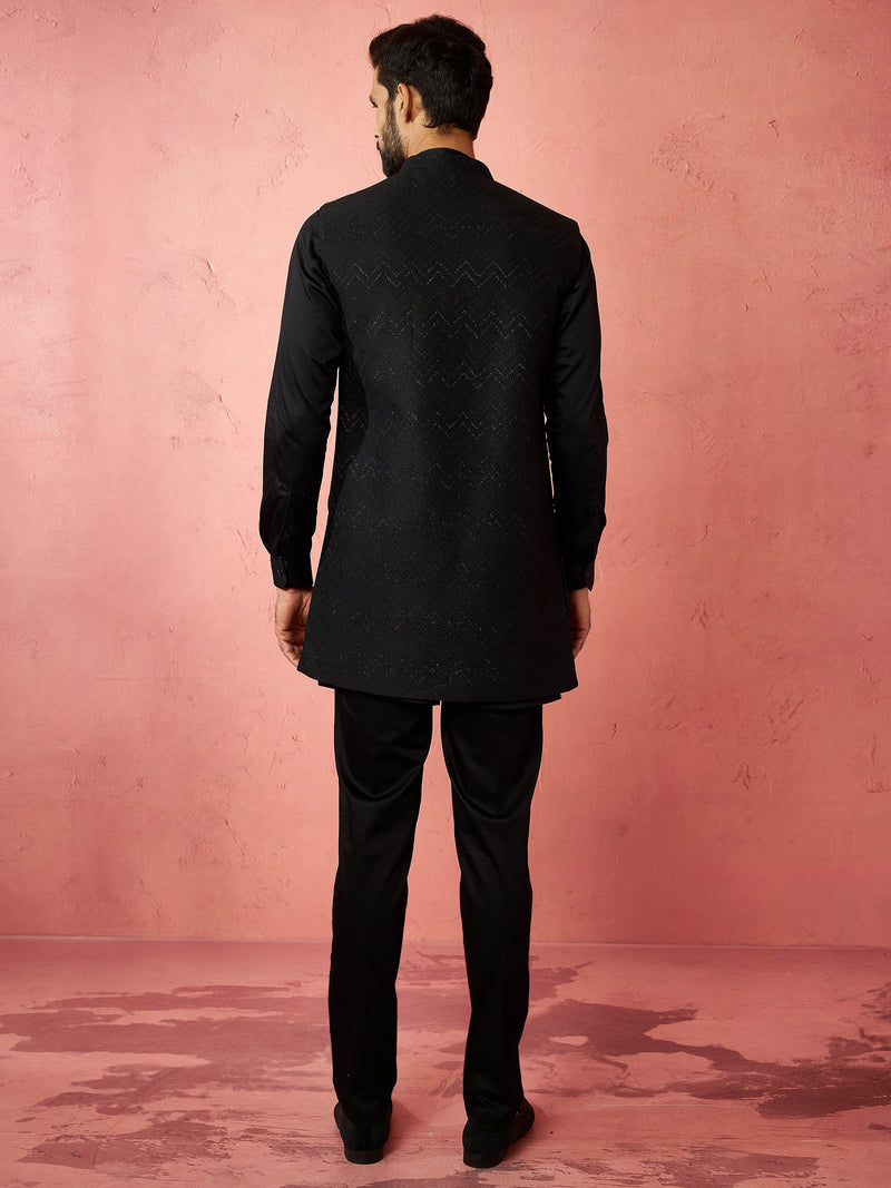 Men's Black Jacquard Nehru Jacket with Satin Kurta 3-Piece Wedding Set